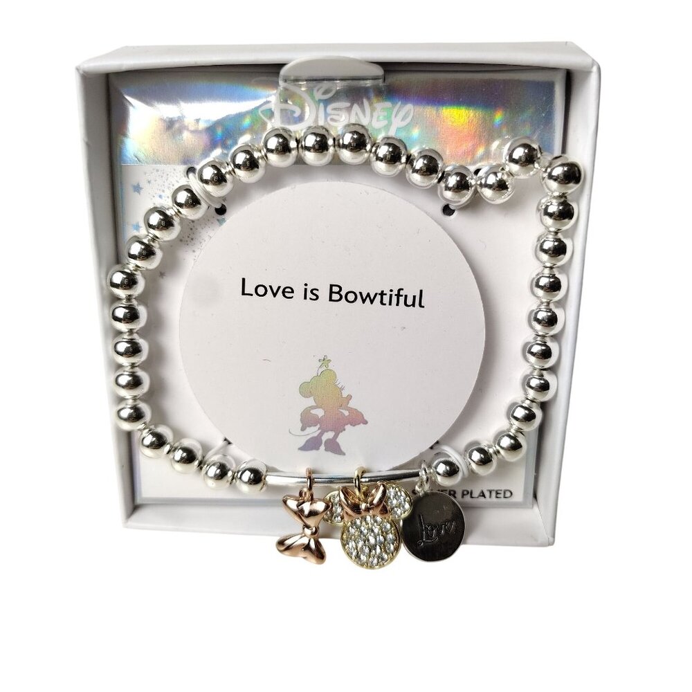 Disney Minnie Mouse Love Is Bowtiful Fine Silver-Plated Beaded Charm Bracelet